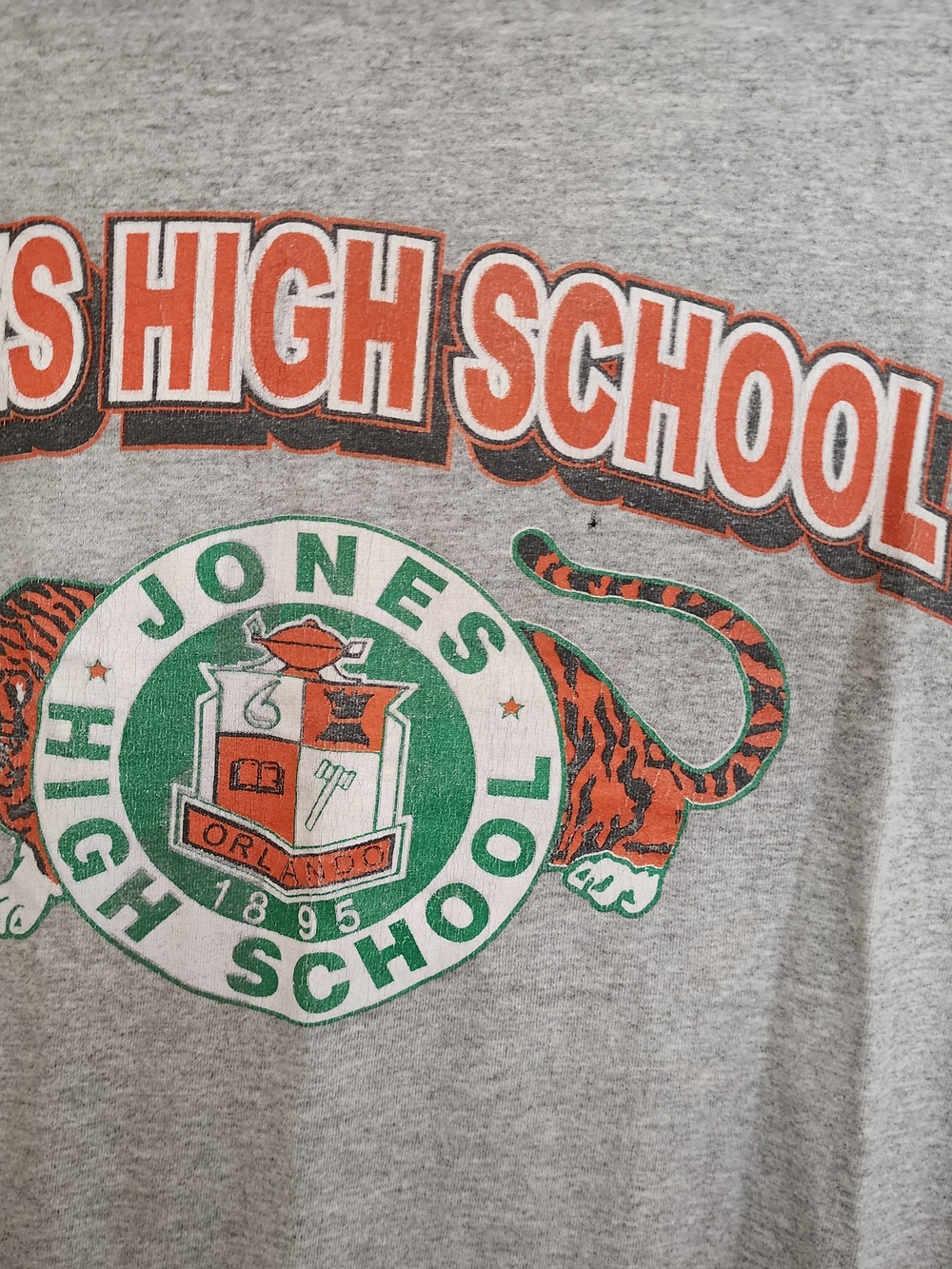 Jones High School Gray Tee with Orange & Green Mascot Tiger Crest Large
